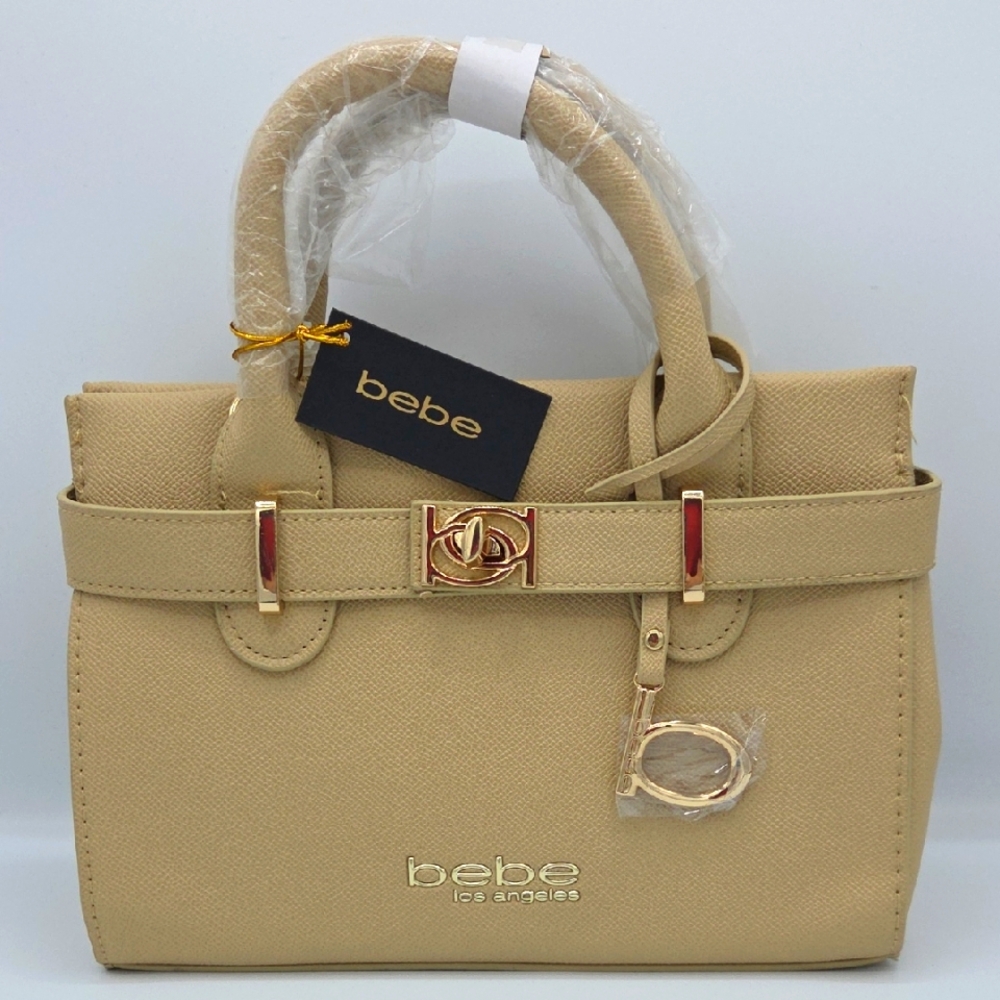 Bebe Tan Satchel with Gold Hardware and Structured Design